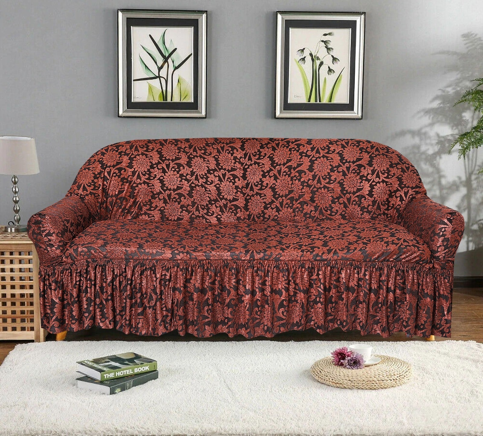 Flower Printed Sofa Cover -Brown